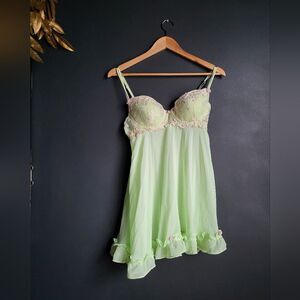 Delicates Green Garden Fairy Slip Dress With Floral Embroidery Size M Sheer Mini